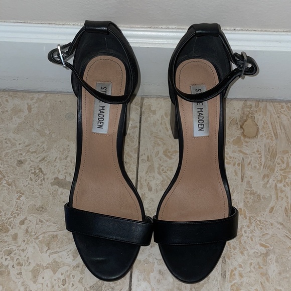 Black Steve Madden Leather Block Heel Sandals - Picture 2 of 3